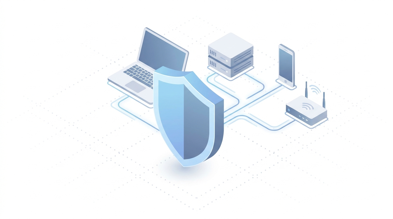 Isometric illustration of a digital shield protecting a small office network with laptop, server, smartphone and router